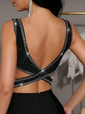 2025 Sexy Women'S Light Luxury Rhinestone Bandage Dress Camisole Sleeveless Bodycon Backless Black Long Dresses Party Vestidos
