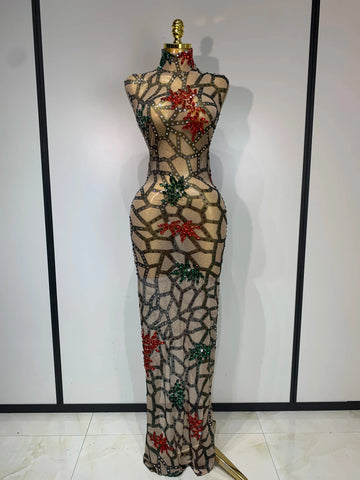 Women Sexy Mesh See Through Sparkly Rhinestone Long Maxi Dress Luxury Birthday Evening Party Prom Gowns Singer Stage Costume MULTI
