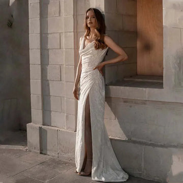 Simple V-neck Satin Mermaid Wedding Drsses Pleat Slit Slit Custom Made Formal Bridal Grown Vestido De Noival Ivory