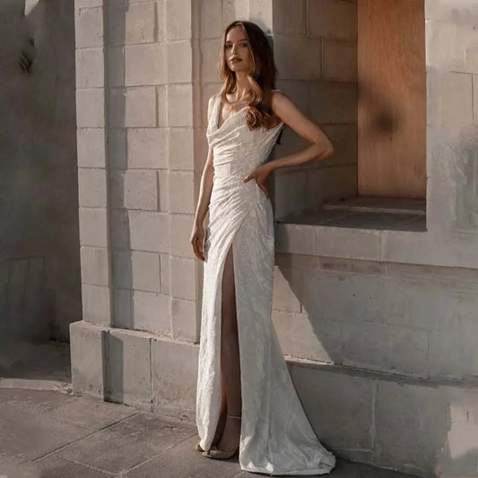 Simple V-neck Satin Mermaid Wedding Drsses Pleat Slit Slit Custom Made Formal Bridal Grown Vestido De Noival Ivory