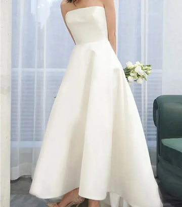 Elegant Ivory Satin Wedding Dress Strapless Backless Ankle Length Brilal Gowns robes de mariee vestidos de novia Robe De Mariee White
