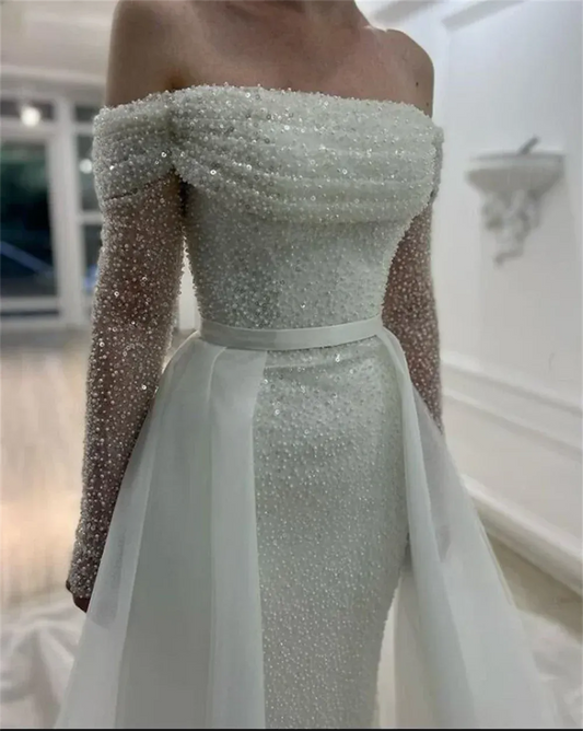 Bella Glitter Off Shoulder Prom Dresses Elegant Detachable Long Train Long Sleeves Sequins Wedding Dress