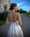 Simple A Line Satin Wedding Dress Halter Tea Length Bride Gown Engagement Banqut Party Gown Robe De Marie