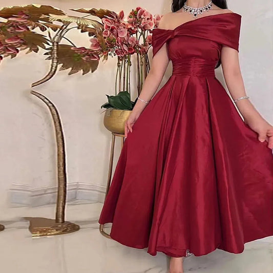 Dark Red Midi Prom Dresses Taffeta Off Sleeves Ankle-Length Length Arabic Dubai Formal Party Gowns Evening Gowns Red
