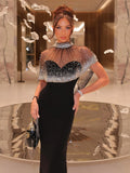 Elegant Celebrity Evening Red Carpet Party Dress With Diamond Cape Shawl, Black Women'S Strapless Tight Bandage Maxi Long Dress