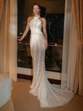 Elegant Women's white lace Slim Long Dress Halter Backless Sleeveless Maxi Dresses Lady Evening Wedding Party Gowns