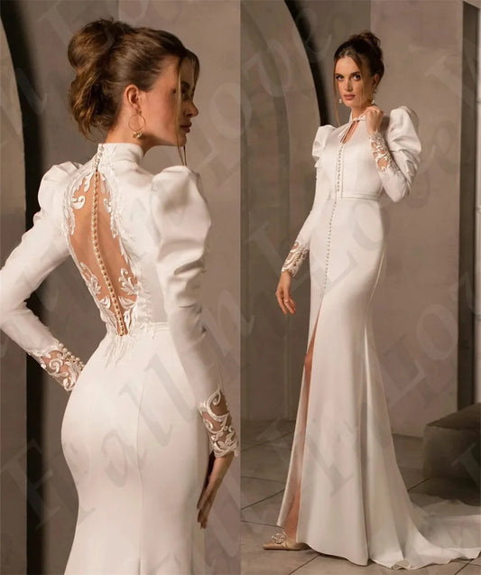 Spring White Muslim Wedding Dresses Arab High Neck Long Sleeves Lace Back Buttons Mermaid Satin Bridal Gown Party Dress