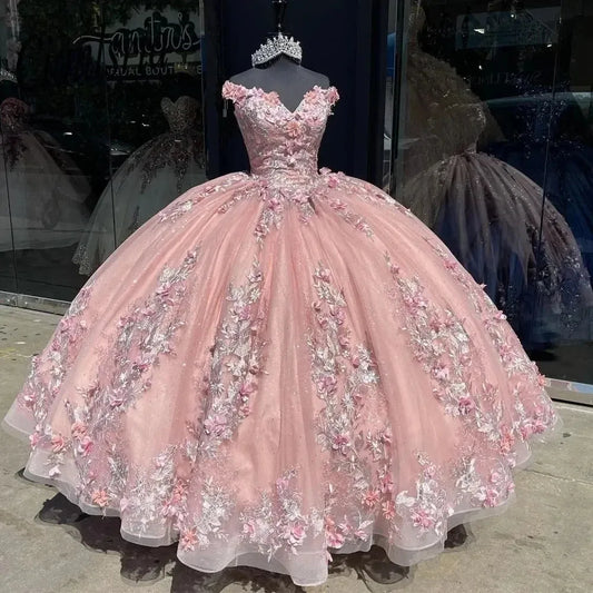 Pink Flower Quinceanera Dress 3D Floral Lace Off-Shoulder Sleeves Vestidos De 15 Anos Formal Princess Party Gown Pink
