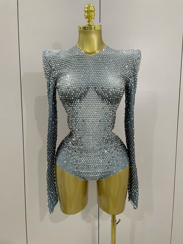 Sparkle Silver Rhinestones Long Sleeve Stretch Bodysuits Women Evening Luxury Birthday Party Sexy Nightclub Stage Costu Silver