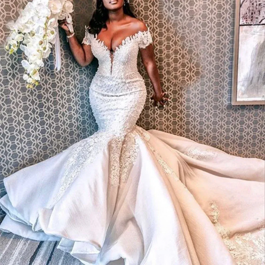 KapokDressy Mermaid Wedding Dress Off The Shoulder Sexy V-Neck Wedding Gowns Zipper Country Dubai Bridal Gown Ivory 50cm 4