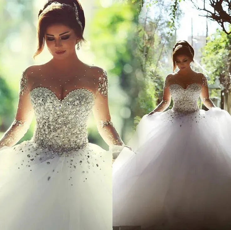 Wedding Dresses Luxury Crystal Bridal Gowns Custom Made Lace Up Beads Sheer Long Sleeves Crystals Backless Floor Length Tulle