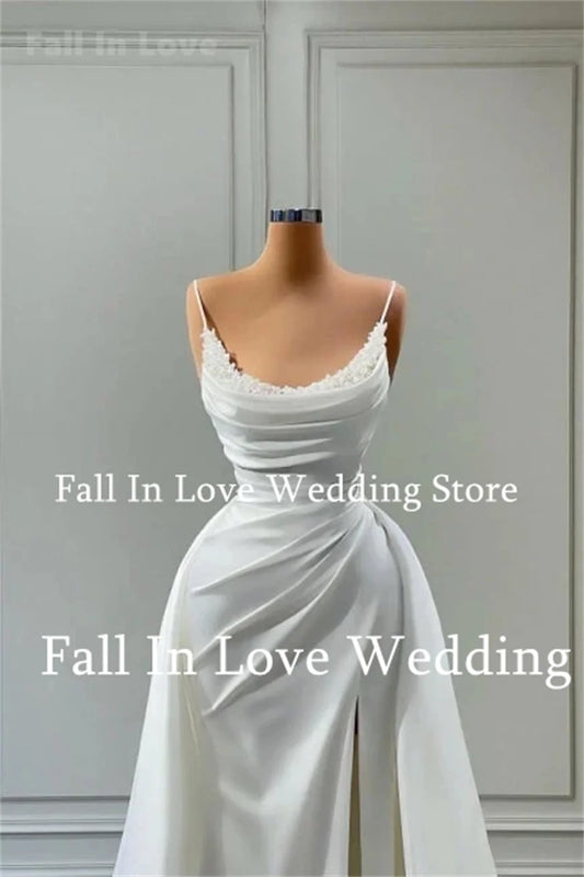 Fall In Love Wedding Dress Scoop Neck Beads Vestidos De Novia Mermaid Satin New Bridal Gown Long Formal Evening Dress