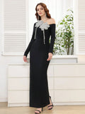2025 Women's Light Luxury Water Diamond Flower Design Bandage Dress with Diagonal Collar Long Sleeve Bodycon Black Long Dresses
