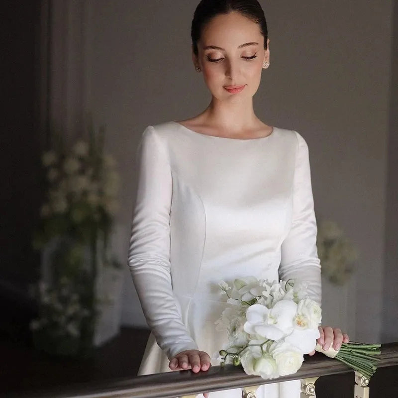 White A-Line Long Wedding Dresses Simple O-Neck Long Sleeve Bride Dress 2025 Boho Beach Wedding Prom Gowns Custom Size