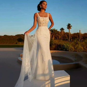 Sexy Square Collar Wedding Dress With Detachable Train Sleeveless Lace Applqiues Boho Mermaid Bride Gown Backless Robe de mariée 50cm