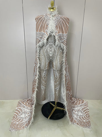 Luxury Feathers Cloak White Printing Sexy Sheath Jumpsuit Women Evening Party Bar Nightclub Singer Stage Performance Costume MULTI