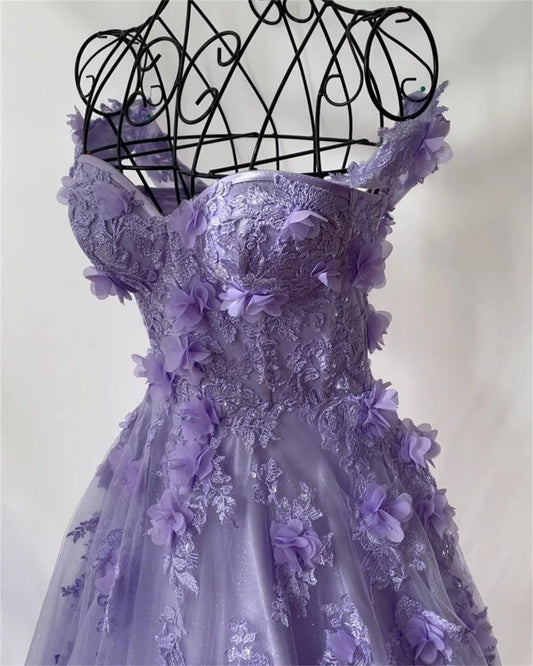 Princess 3D Flower فساتين مناسبة رسمية Sweet A-line Tulle Evening Dress Purple Prom Dress Handmade Robe De Soirée