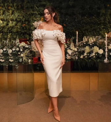 Boat Neck Short Wedding Dress Flowers Appliques Sheath Mid-Calf Bridal Gown Satin Birthday Dress Girls Homecoming Dress As Picture