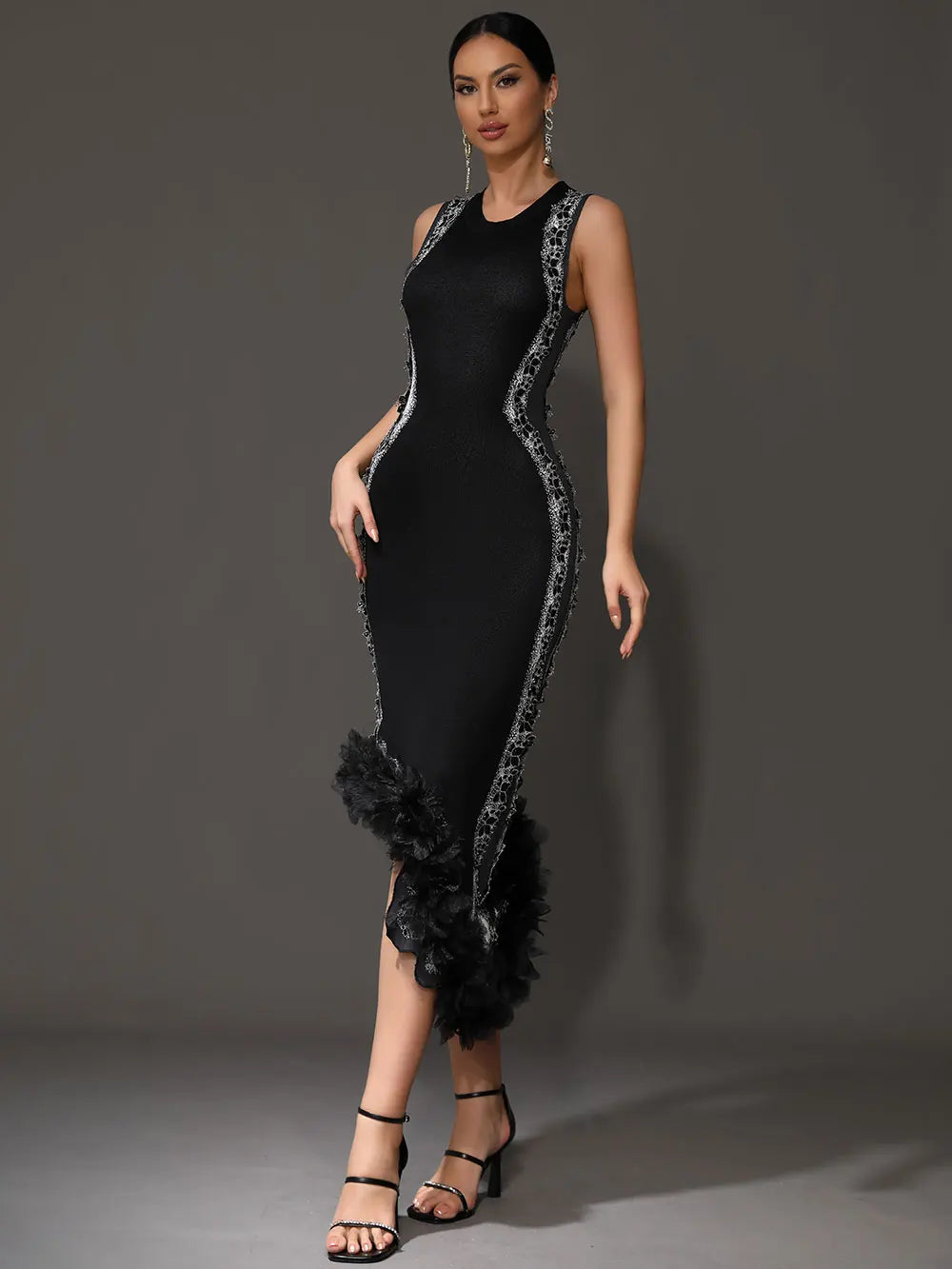 2024 Chic Women Heavy Industry Embroidery Patchwork Bandage Dress O-neck Sleeveless Bodycon Asymmetric Midi Dress Party Vestidos
