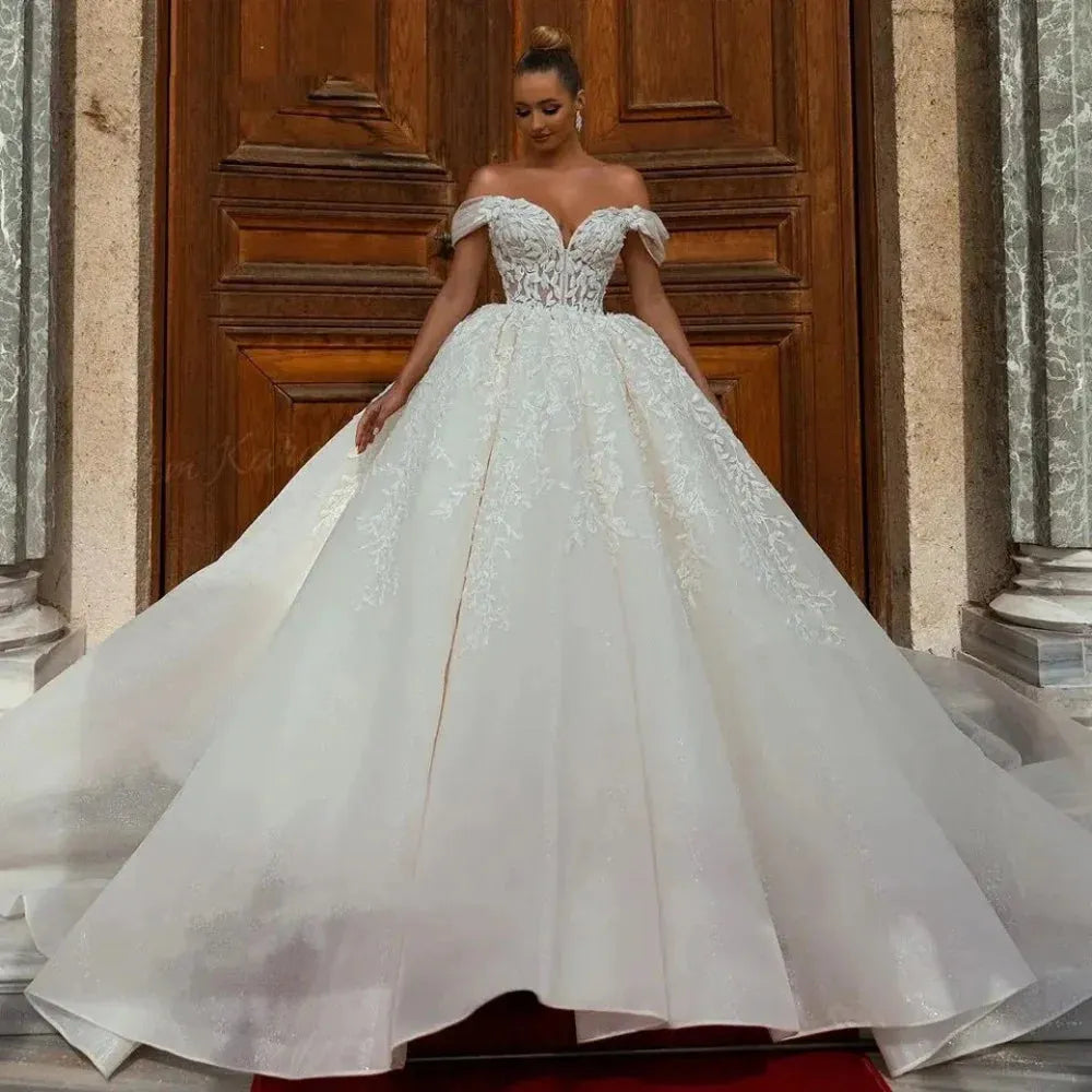 Sexy Off the Shoulder Wedding Dress Sweetheart Shiny Princess Court Train Bride Gown A-Line Lace UP Back Vestido de Noiva As Picture