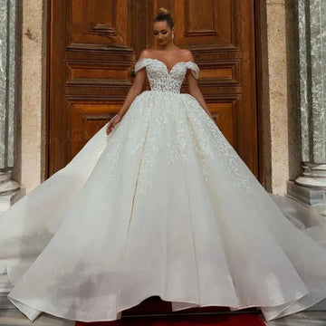 Sexy Off the Shoulder Wedding Dress Sweetheart Shiny Princess Court Train Bride Gown A-Line Lace UP Back Vestido de Noiva As Picture