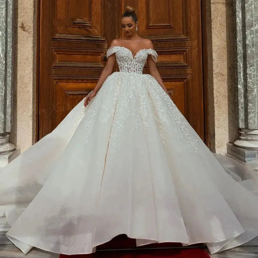Sexy Off the Shoulder Wedding Dress Sweetheart Shiny Princess Court Train Bride Gown A-Line Lace UP Back Vestido de Noiva As Picture