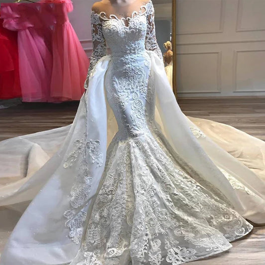Deluxe Applique Mermaid Wedding Dress Muslim Round Neck Long Sleeve Beaded Detachable Train Bridal Gowns Vestido De Noiva 2023