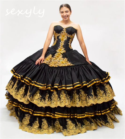 Luxury Black And Gold Vestidos De 15 Quinceañera Dress Mexican Charro Lace Vestidos De 15 Años Xv Para Birthday PartyCustomized black