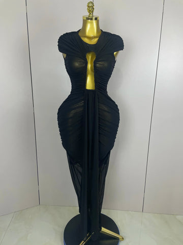 Sexy Sleeveless O-Neck Bodycon Mesh Long Dress Women Hollow Out Celebrate Fashion Show Celebrity Evening Party Club Dress black