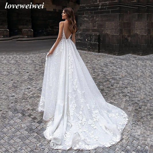 Loveweiwei Boho White Wedding Dress A-Line V-Neck Appliques Spagetti Straps Bridal Gowns Dubai Backless Brides Dress Custom Made