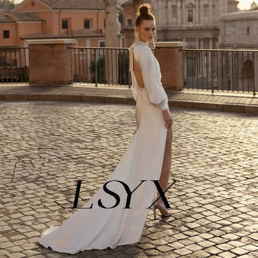 LSYX High-Neck Long Puff Sleeves Mermaid Wedding Dress Cut Out Back Floor Length High Side Slit Bridal Gown Custom Made