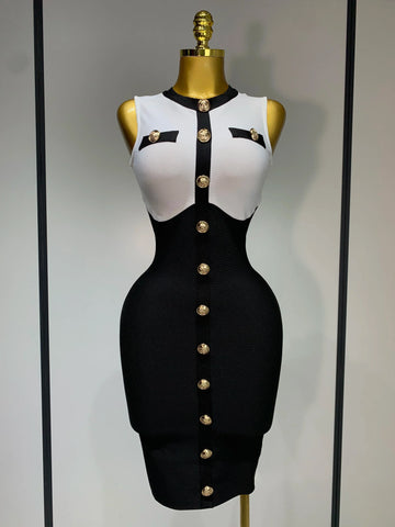Arrivals Fashionable Women Bandage Golden Buttons White Black Patchwork Sleeveless Bodycon Elegant Party Dresses WHITE