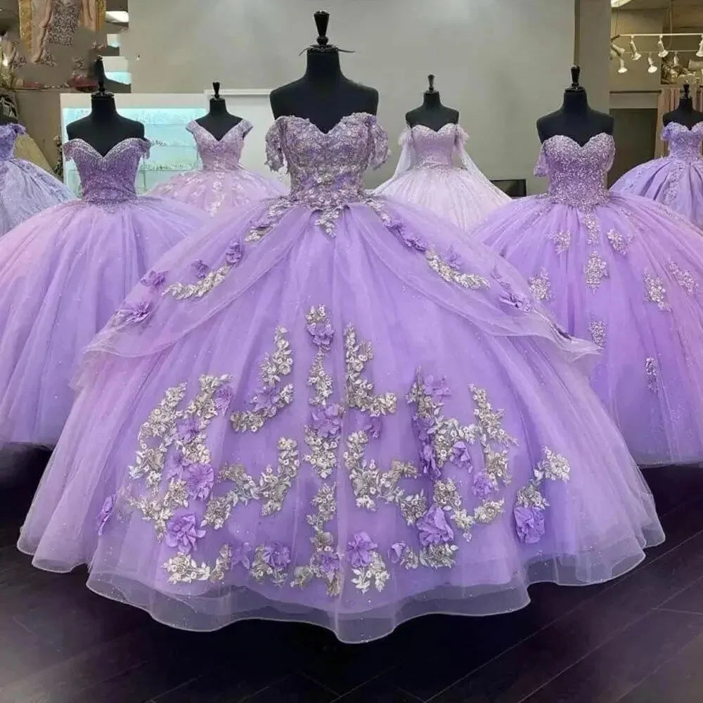 Vestidos de quinceañera de color lila brillante con flores 3D y cuenta