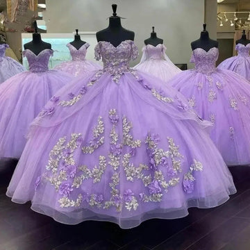 Shiny Lilac Quinceanera Dresses 3D Flowers Beading Sliver Lace Vestidos De 15 Anos Birthday Party Prom Ball Gown Purple
