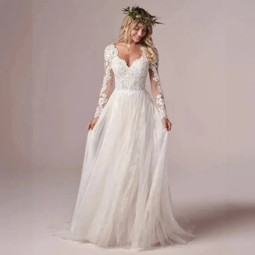 Exquisite Ivory Lace Wedding Dress Elegant Bridal Dress with V-Neck and Long Sleeves for the Perfect Wedding White