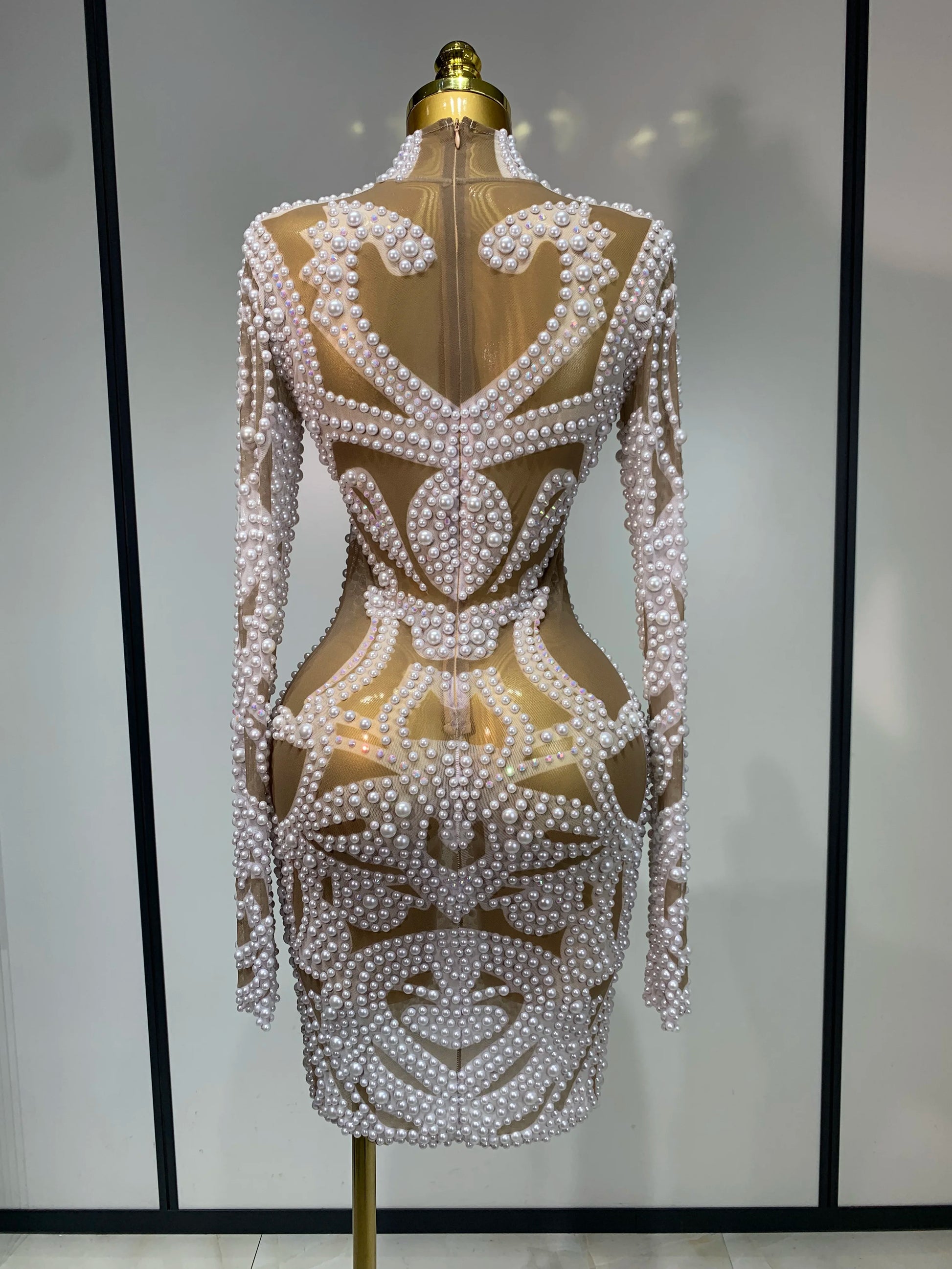 High Quality Women Sexy Rhinestone Pearl Mesh Transparent Dress Birthday Celebrate Dress Evening Party Dance Performance Costume