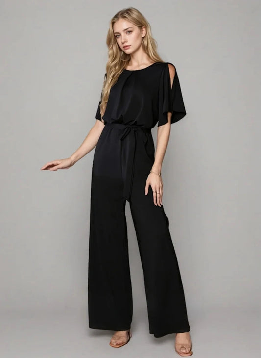 Mother Of The Bride Dress - Elegant Jumpsuit Evening Gown Chiffon Scoop Neck Short Sleeves Prom Gown Ankle Length Wedding Guest Dress 2025 free customized Black