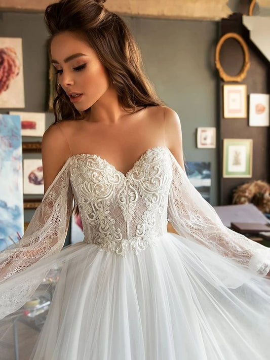 Vintage Bohemia Wedding Dresses Off The Shoulder Bridal Robes Sweetheart A-Line Gowns Lace Appliques Vestidos De Novia