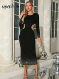 2024 Autumn Women's Heavy Industry Rivet Bandage Dress O-neck Long Sleeve Bodycon Hollow Black Midi Dress Evening Party Vestidos black