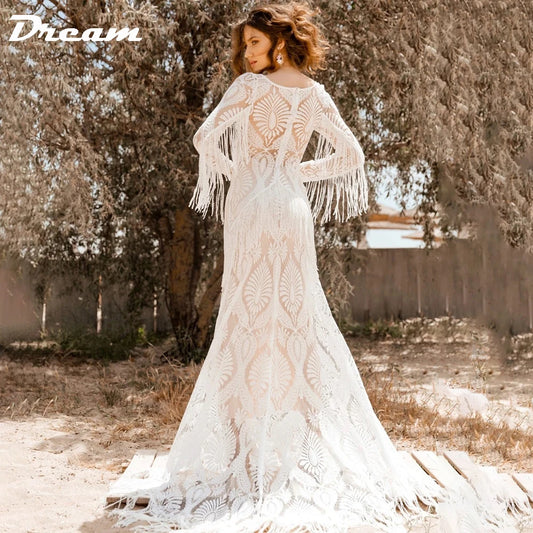 DREAM Lace Long Sleeves With Tassels Bohemian Wedding Dress Bateau Neck Sweep Train Mermaid Bridal Gowns Custom Made