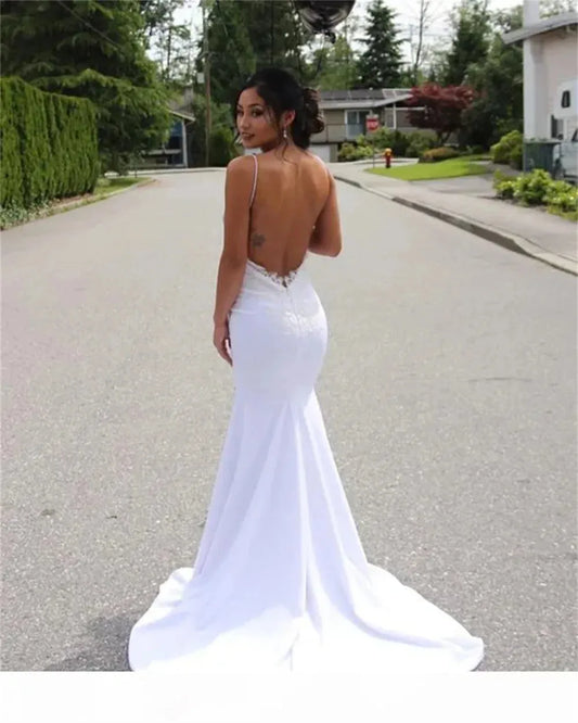 Sexy V-Neck Wedding Dress Low-Cut Spaghetti Straps Lace Appliques Backless Mermaid Satin Sweep Train Custom Made Bridal Gown As Picture