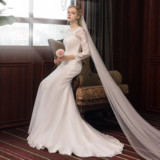 Spring Long Sleeve Mermaid Wedding Dress Simple Lace Applique O-neck Bridal Vestido De Noiva Plus Size Made Custom