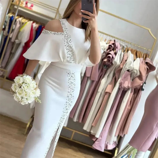 Modest Saudi Arabic Evening Dresses O-Neck Cap Sleeves Sequined Side Slit Dubai Women Party Prom Dresses Dubai White