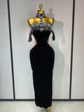 Women Sexy Off the Shoulder Shinning Crystal Bodycon Long Dress High Quality Velvet Celebrate Nightclub Party Birthday Dresses black