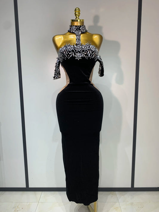 Women Sexy Off the Shoulder Shinning Crystal Bodycon Long Dress High Quality Velvet Celebrate Nightclub Party Birthday Dresses black