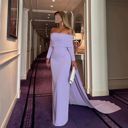 Elegant Mauve Cape Sleeve Mermaid Evening Dress Dubai Elastic Satin Prom Dress Arabic Formal Party Dress Purple