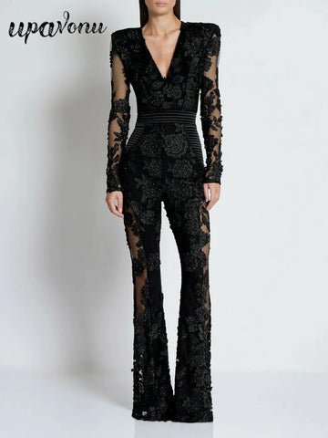 Sexy Women's Light Luxury Embroidered Hot Diamond Patchwork Design jumpsuit V-neck Long sleeved Evening Party Horn jumpsuit