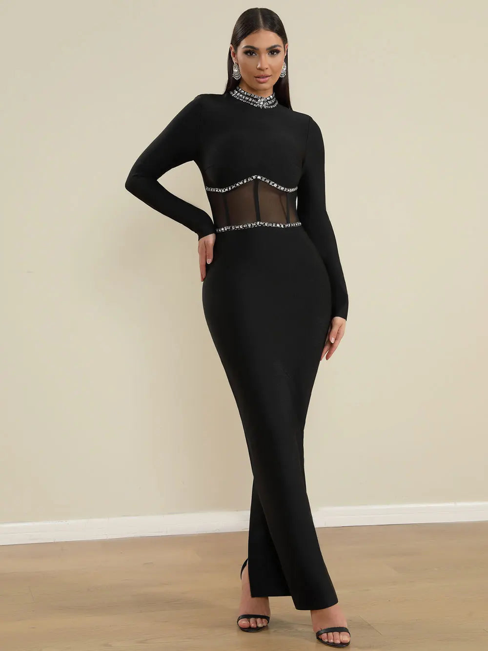 2025 Spring Women Bead Design Bandage Long Dress Stand Collar Long Sleeve Chiffon Patchwork Bodycon Dress Evening Party Vestidos