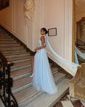 Light Blue Prom Dresses Detachable Shawl Evening Dress Elegant Spaghetti Strap Sexy Side High Split Vestidos De Fiesta