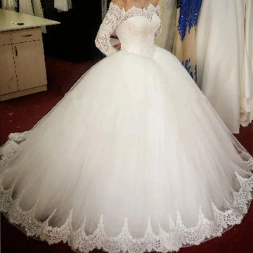 Boat Neck Ball Gown Long Sleeve Lace Wedding Dress For Women Ivory